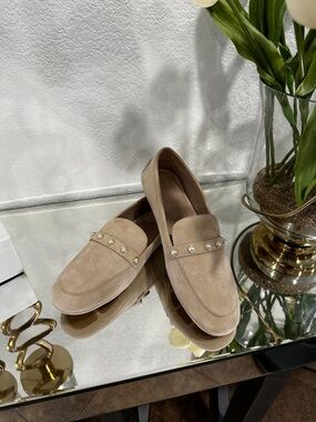 Stuart Weitzman Pearl-Trim Suede Loafers in Beige